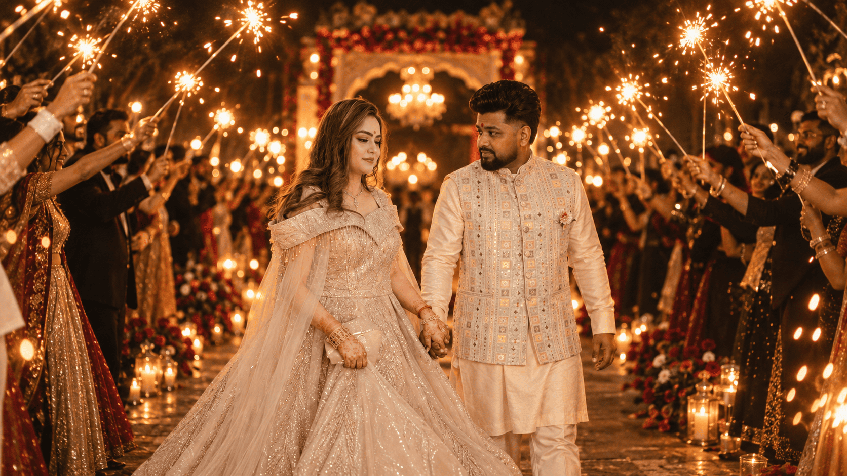 The couple walking beneath a tunnel of sparklers at night