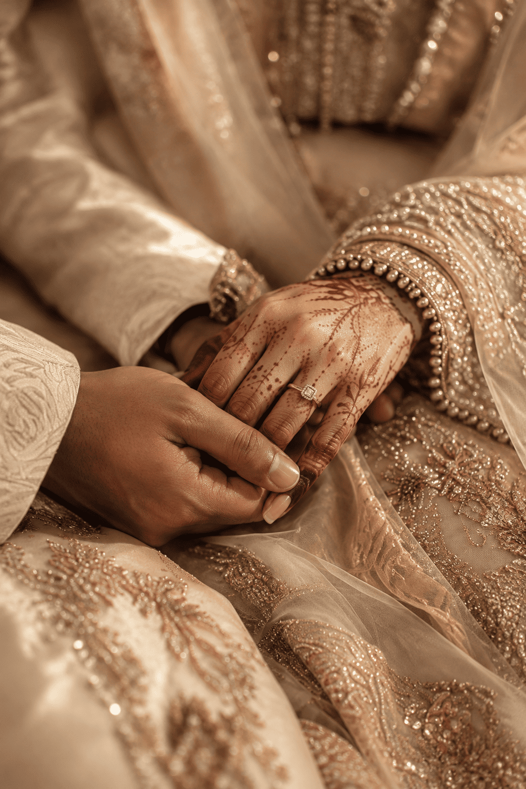 Close-up of Neha's hennaed hand and engagement ring resting in Vikas's hand